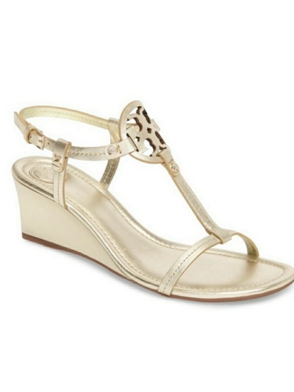 Tory Burch Gold Metallic Wedge T-Strap Sandal